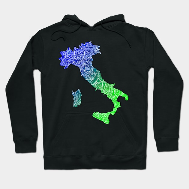 Colorful mandala art map of Italy with text in blue and green Hoodie by Happy Citizen